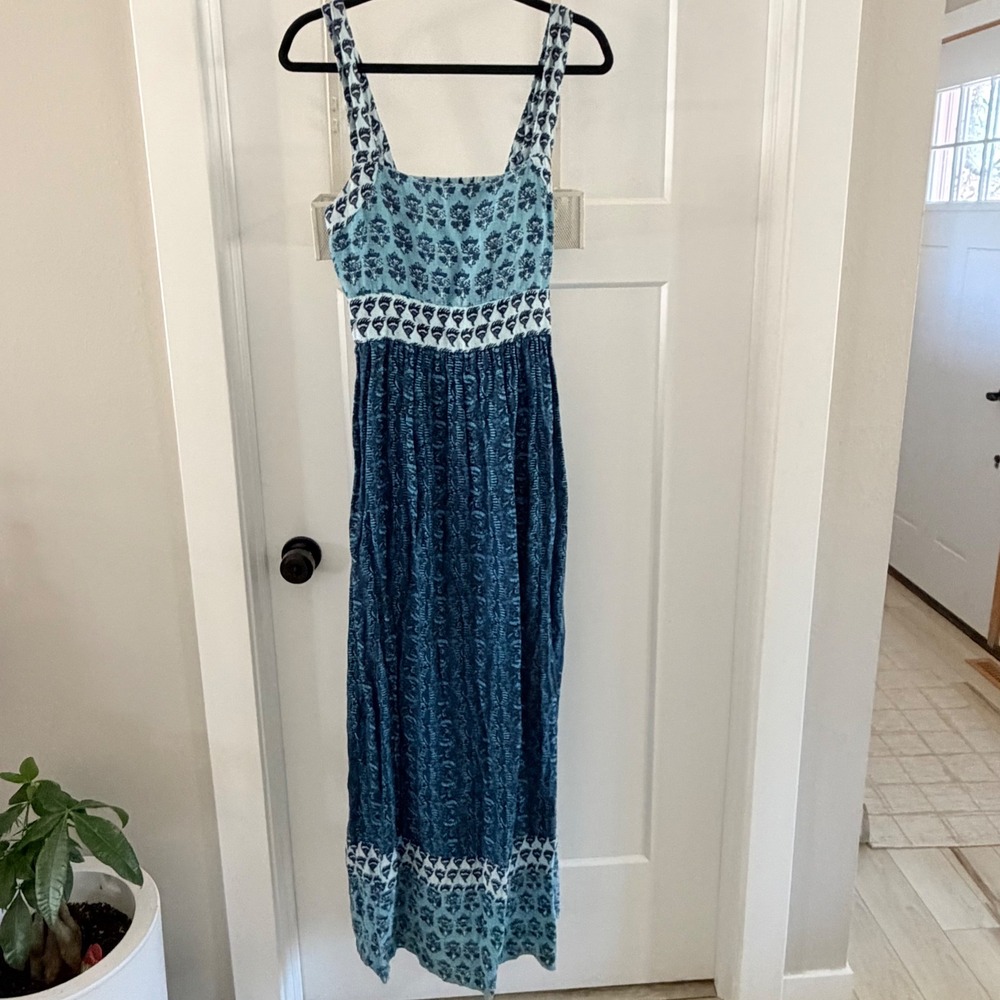 Faherty Gracie Linen Maxi Dress Bali Blue Boho Block Print Small